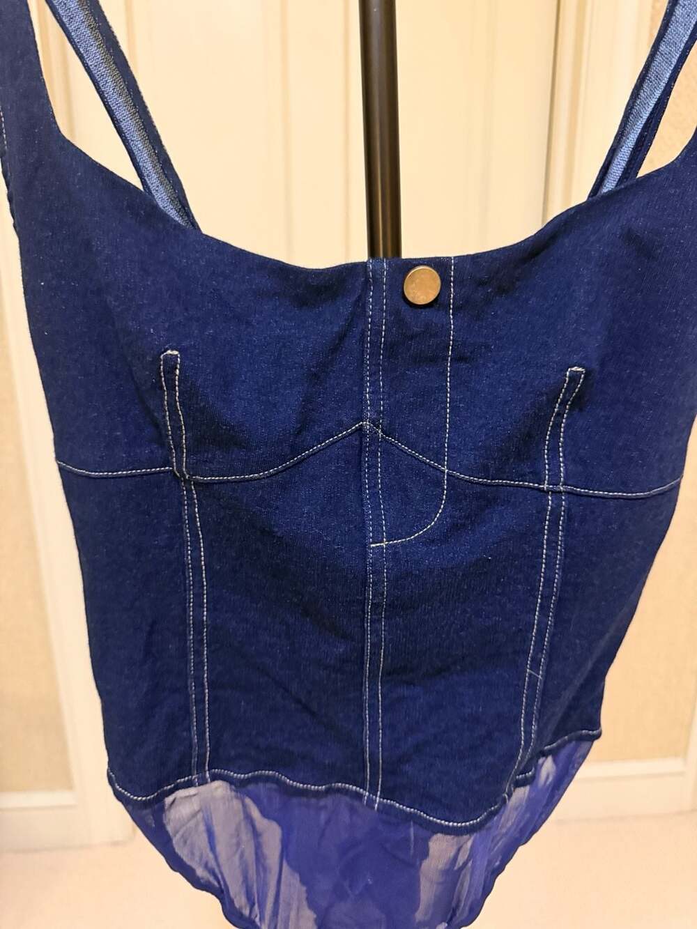 Forever 21 Blue Denim Corset Bustier Bodysuit with Sheer Mesh Bottom Size M